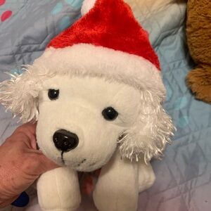Festive White Plush Dog Toy with Red Santa Hat